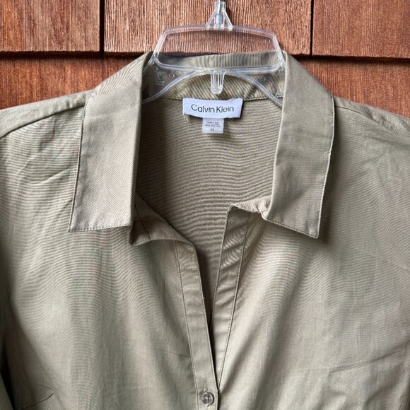 NWT Calvin Klein Olive Cotton Short Sleeve Button Front Shirtdress in Women's 14 - Picture 2 of 11